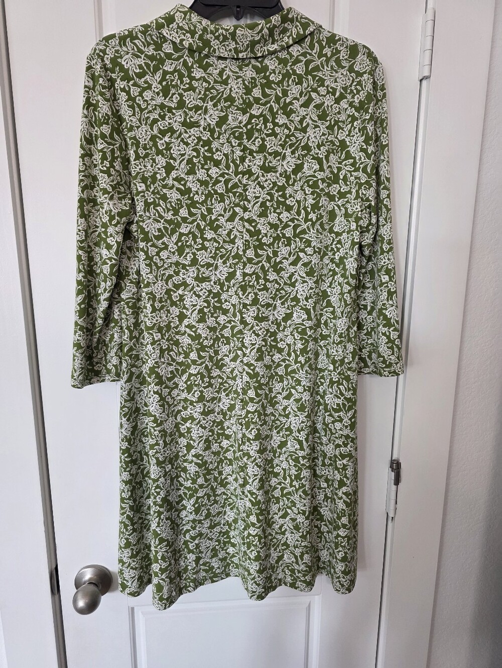 MSK Green White Floral Zip Front Collared Swing Dress Large Career Casual - Picture 7 of 8